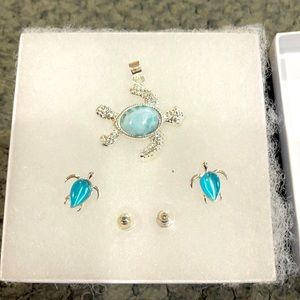 Larimar stones silver turtle pendant & earrings.